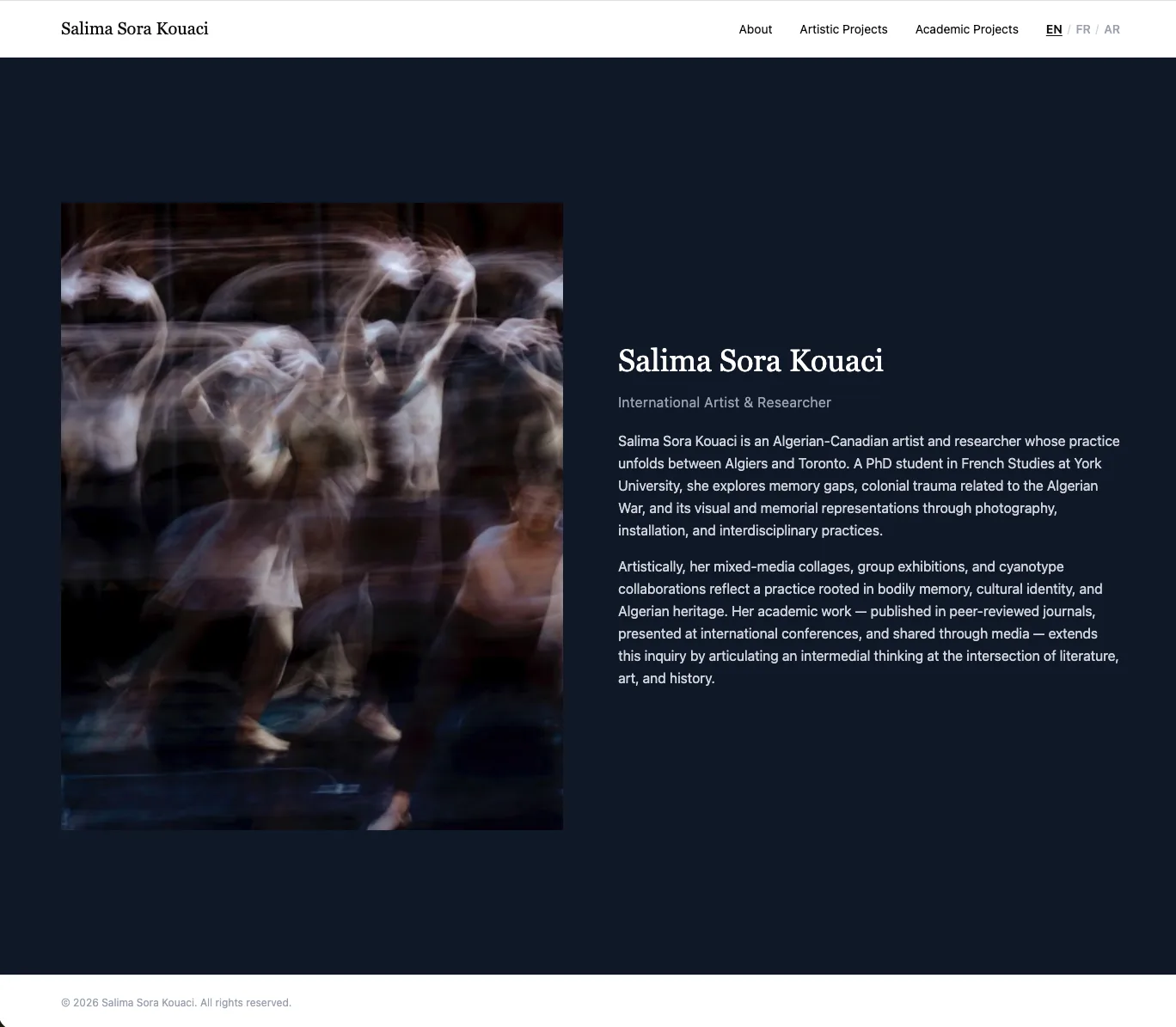 Site portfolio trilingue de Salima Sora Kouaci — artiste franco-algérienne basée à Toronto, conçu par Art Collision